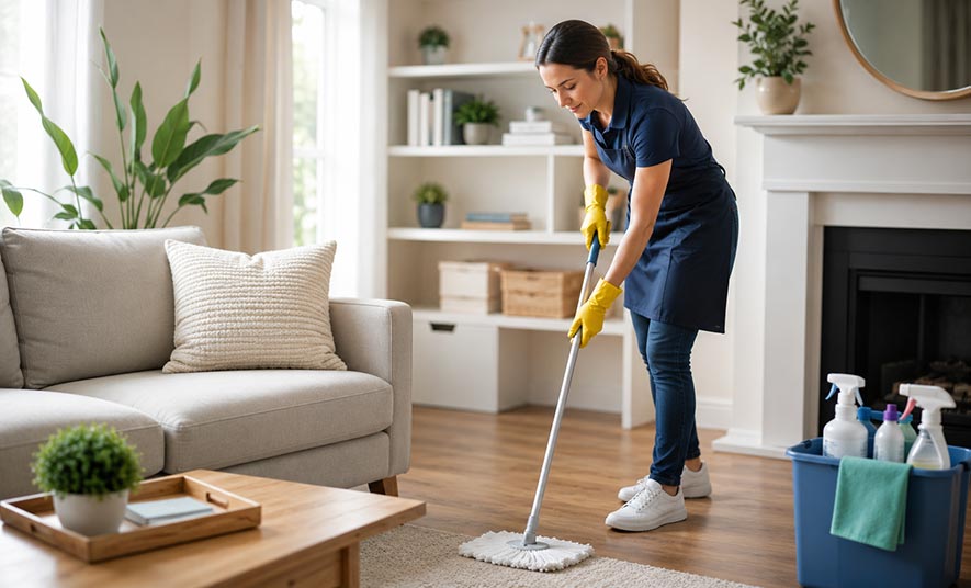 Professional cleaner mopping a clean modern home between regular domestic cleaning visits